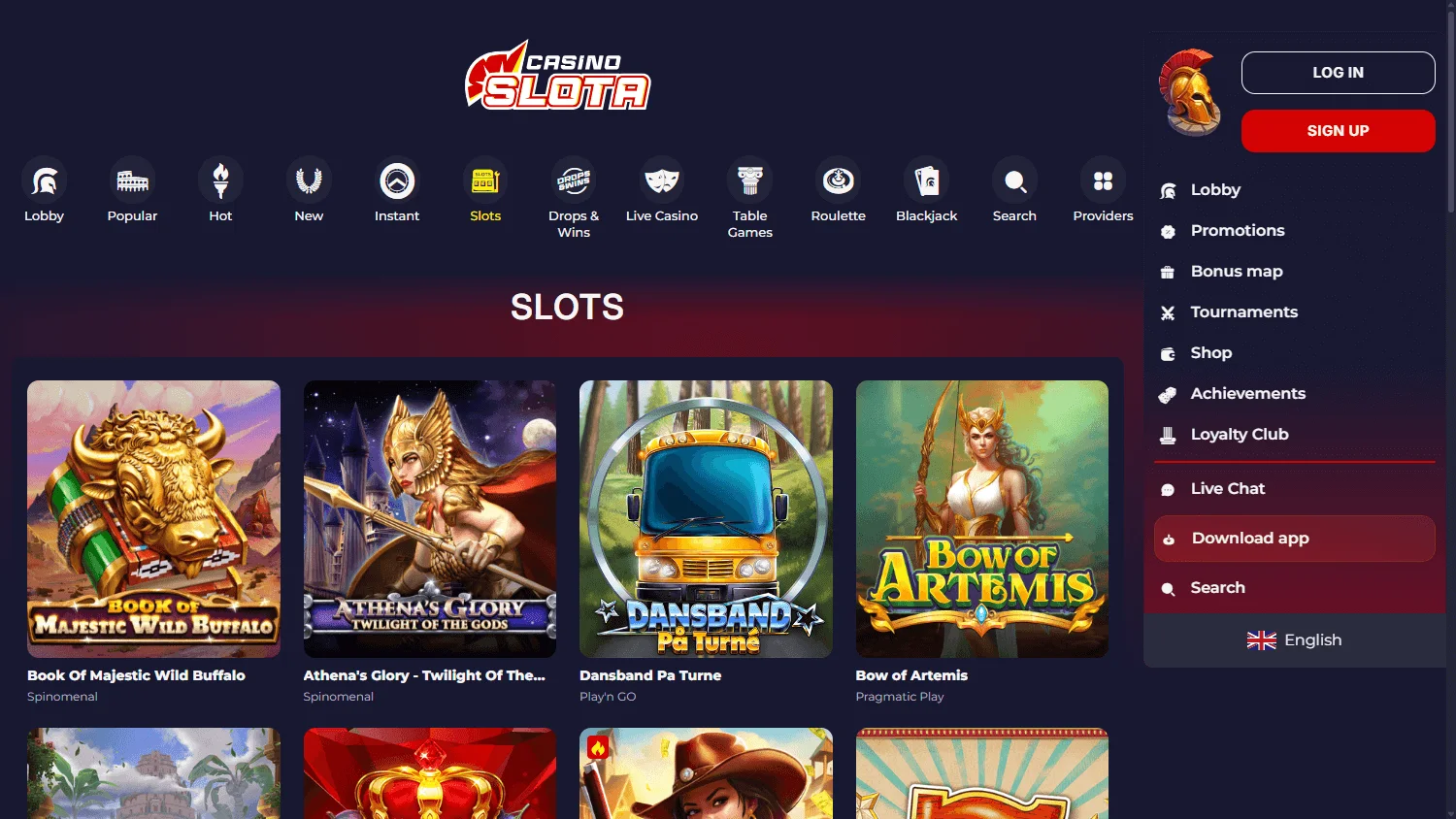 Slotacasino desktop game selection and providers