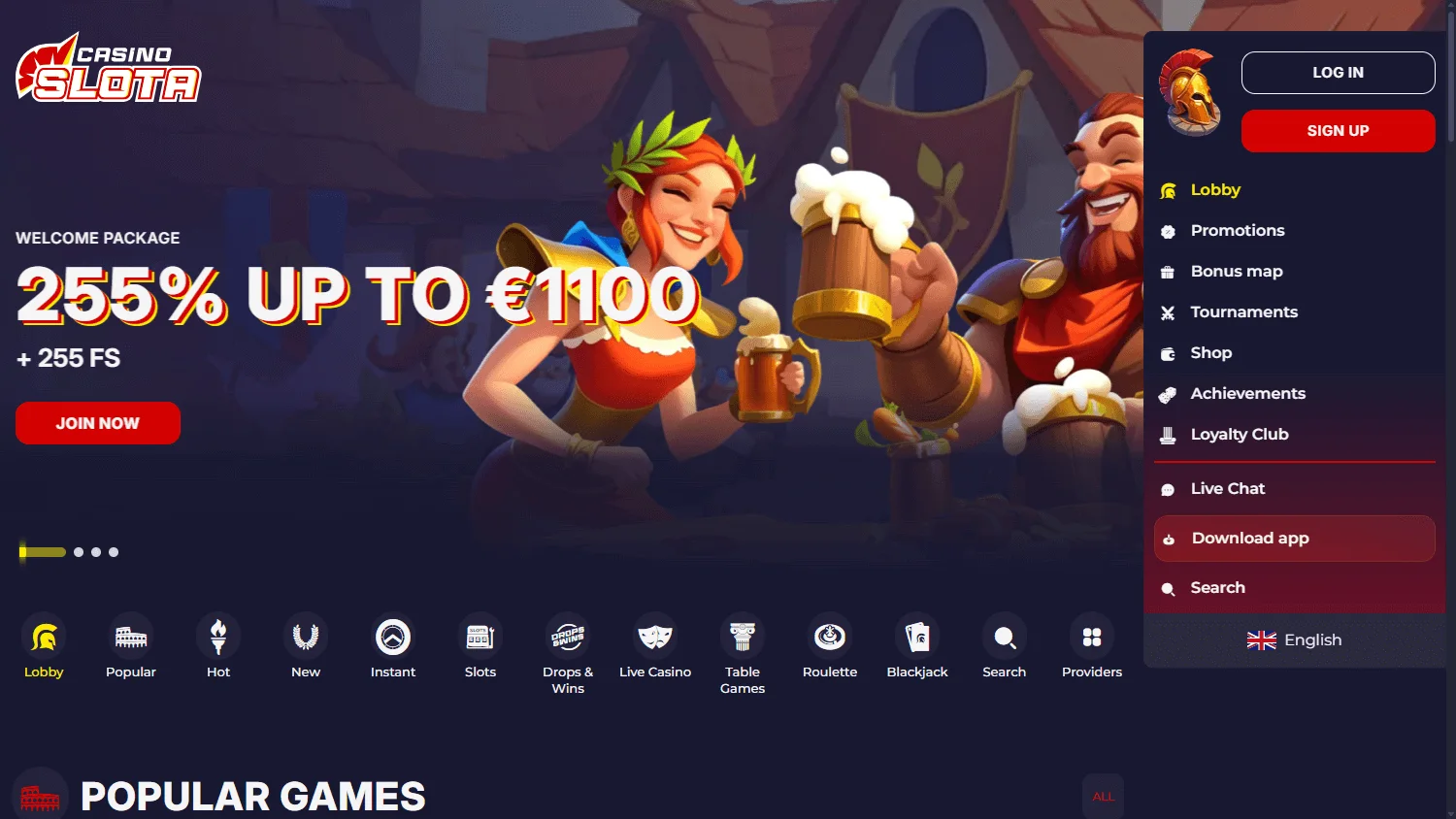 Slotacasino games catalogue on desktop