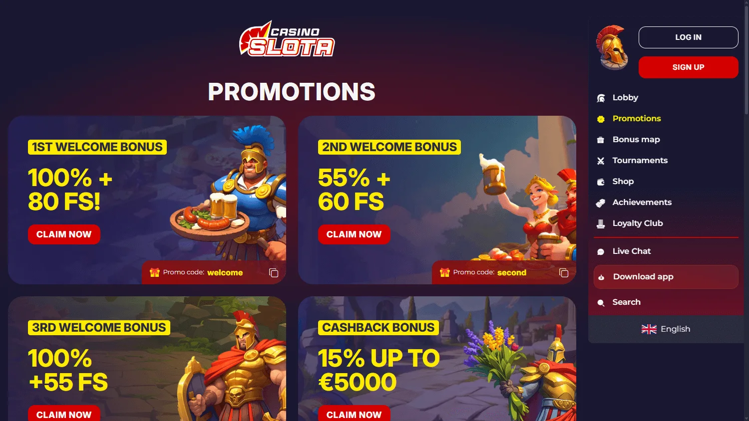 Slotacasino promotions area on desktop