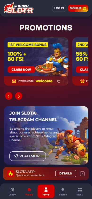 Slotacasino promotions area on mobile